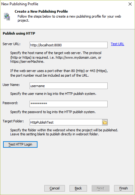 Specify the HTTP publish credentials and target folder.
